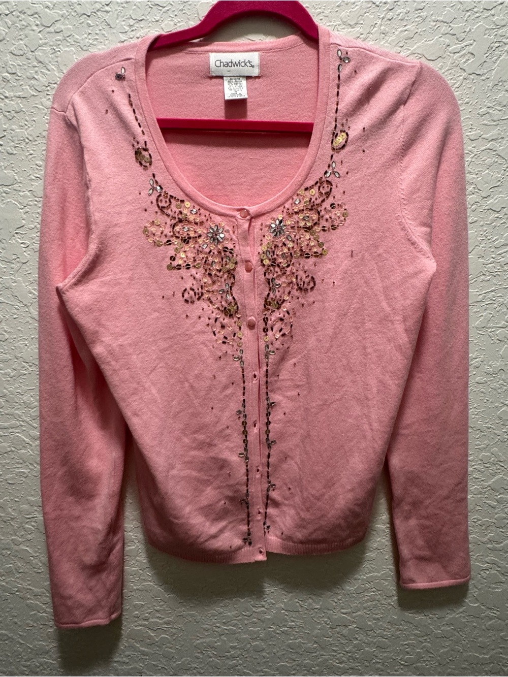 Chadwicks Soft Pink Crewneck Top with Bright Pink Trim